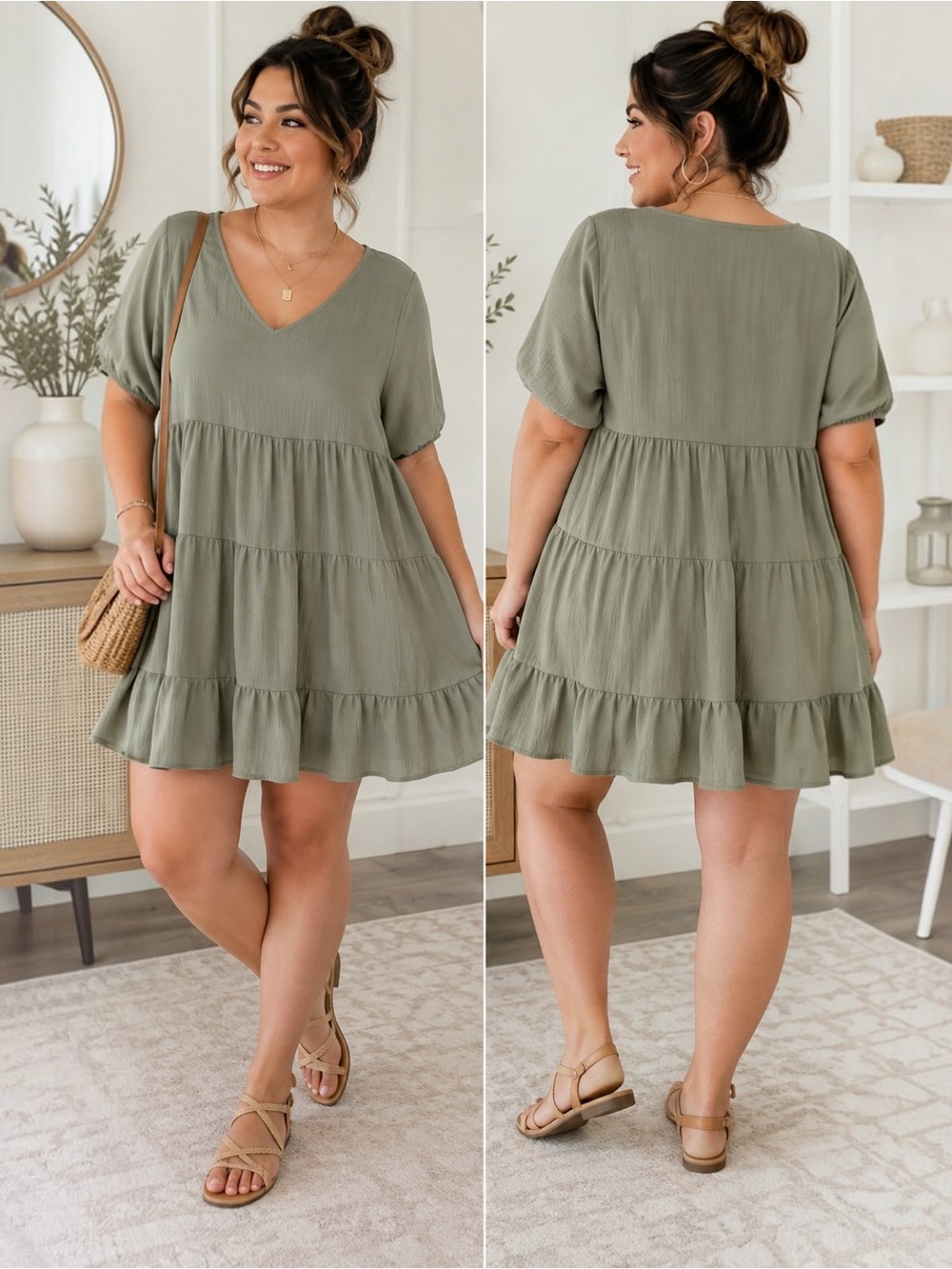 You & Me 1X Sage Green Tiered Babydoll Dress V Neck Boho Crinkle Plus Size